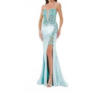 NEW HOUSE OF WU fitted beaded spandex slit gown in ice blue